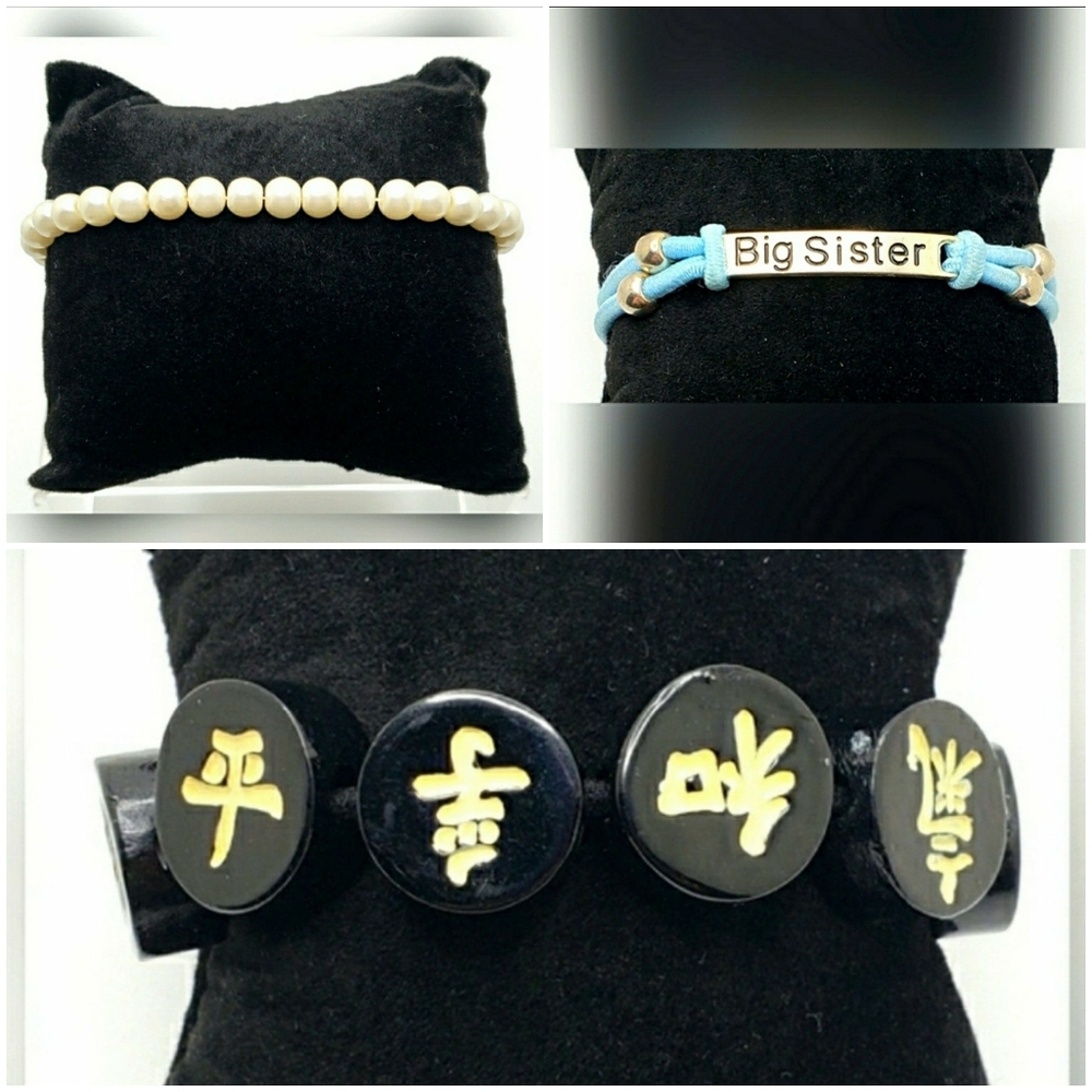 Bracelet Lot 3 Small Bead Pearl Silver Big Sister Japan Wood Peace Charms BrL4